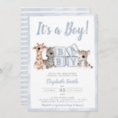 Blue Stripes Boy Safari Animals Baby shower Kaart (Voorkant / Achterkant)