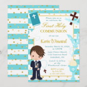 Blue Stripes Brown Haire Boy First Heilige Communi Kaart (Voorkant / Achterkant)