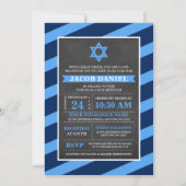 Blue Stripes Chalkboard Bar Mitzvah-uitnodigingen Kaart (Voorkant)