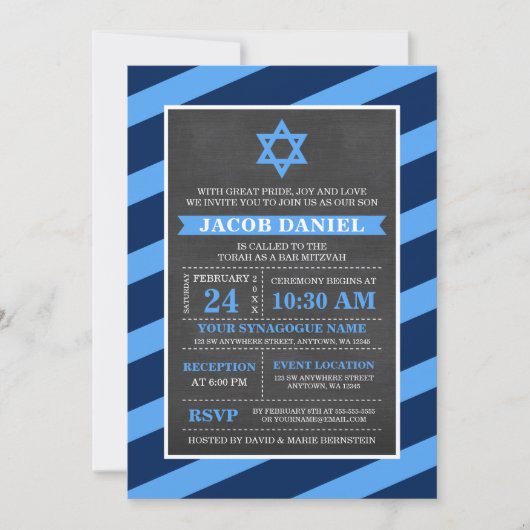 Blue Stripes Chalkboard Bar Mitzvah-uitnodigingen Kaart (Voorkant)
