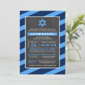Blue Stripes Chalkboard Bar Mitzvah-uitnodigingen Kaart (Staand voorkant)