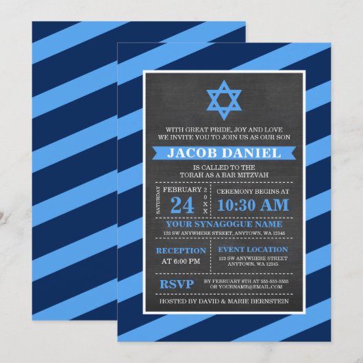 Blue Stripes Chalkboard Bar Mitzvah-uitnodigingen Kaart (Voorkant / Achterkant)