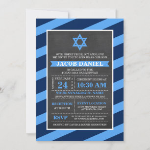 Blue Stripes Chalkboard Bar Mitzvah-uitnodigingen Kaart