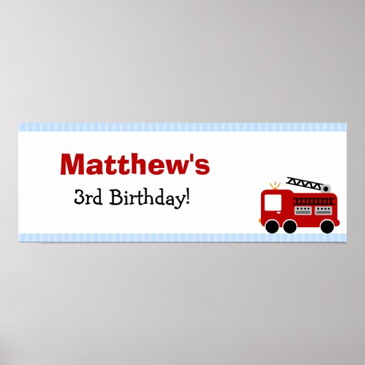 Blue Stripes Fire Truck Birthday Party Banner Poster (Voorkant)