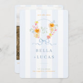 Blue Stripes Floral Crest Monogram Spring Wedding Save The Date (Voorkant / Achterkant)