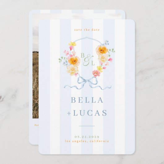 Blue Stripes Floral Crest Monogram Spring Wedding Save The Date (Voorkant / Achterkant)