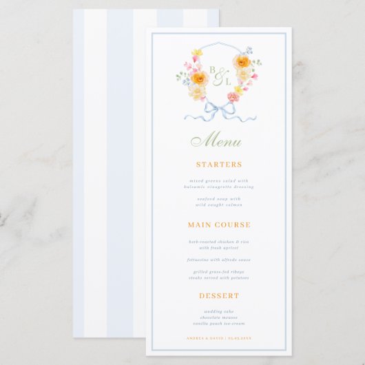 Blue Stripes & Floral Crest Spring Wedding Menu (Voorkant / Achterkant)