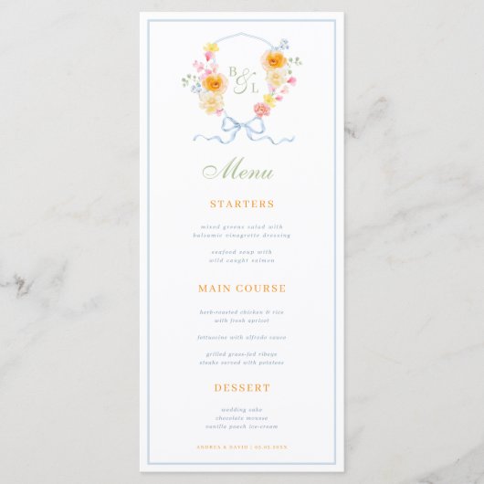 Blue Stripes & Floral Crest Spring Wedding Menu (Voorkant)