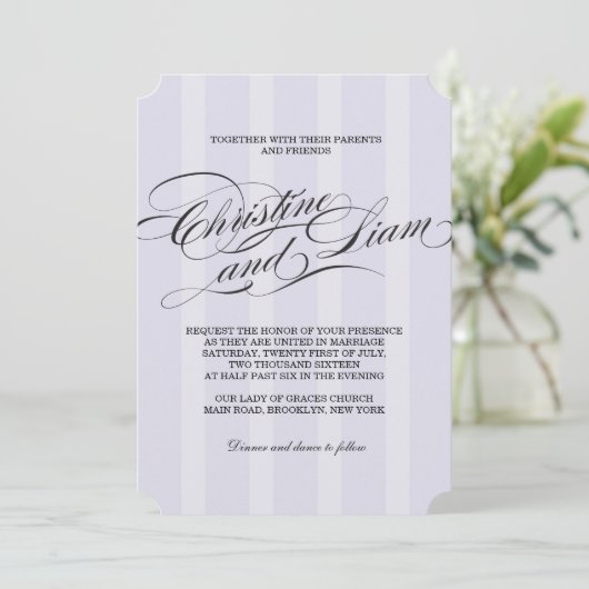 Blue Stripes Flourish Script Wedding Invitation Kaart (Staand voorkant)