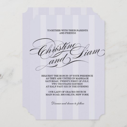 Blue Stripes Flourish Script Wedding Invitation Kaart (Voorkant / Achterkant)