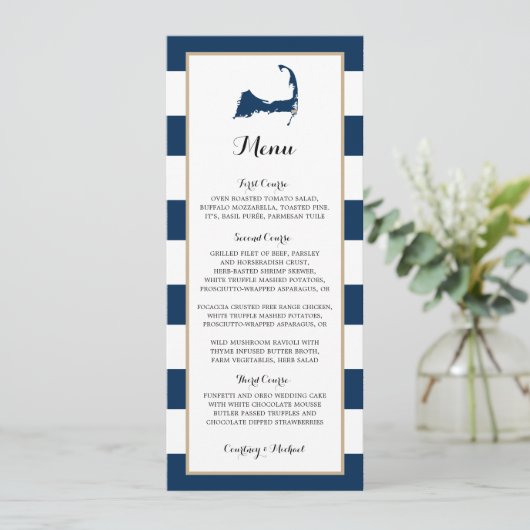 Blue Stripes Gold Chatham Cape Cod Wedding Menu (Staand voorkant)