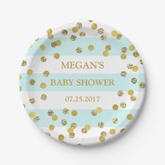 Blue Stripes Gold Confetti Baby shower Bord (Voorkant)