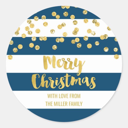 Blue Stripes Gold Confetti Merry Christmas Custom Ronde Sticker (Voorkant)