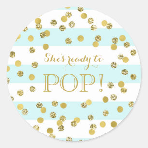 Blue Stripes Gold Confetti Ze is klaar om te Poppe Ronde Sticker