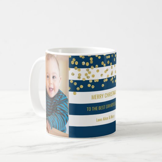 Blue Stripes Gold Foto Best Grandpa Kerstmis Koffiemok (Voorkant links)