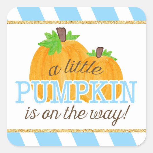 Blue Stripes Gold Little Pumpkin Herfst Baby showe Vierkante Sticker (Voorkant)