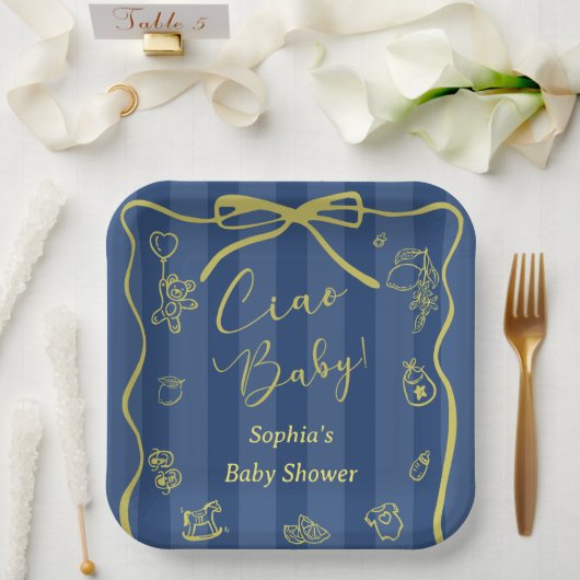 Blue Stripes Italian Themed Ciao Baby Papieren Bordje (Huwelijk)