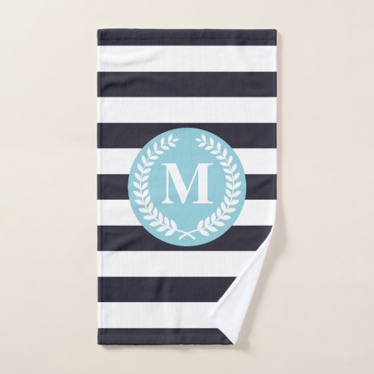 Blue Stripes Laurel Wreate Monogram Bad Handdoek (Handdoek)