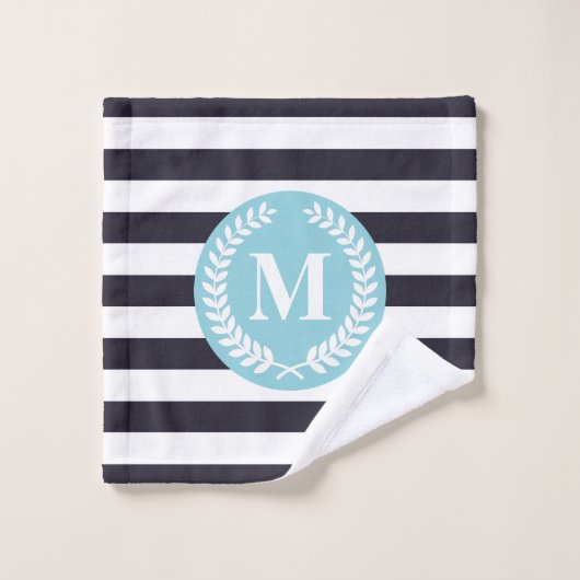 Blue Stripes Laurel Wreate Monogram Bad Handdoek (Wasdoekje)
