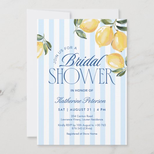 Blue Stripes Lemon Bridal Shower Invitation Kaart (Voorkant)
