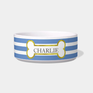 Blue Stripes met Gold Bone Personalized Pet Bowl Voerbakje