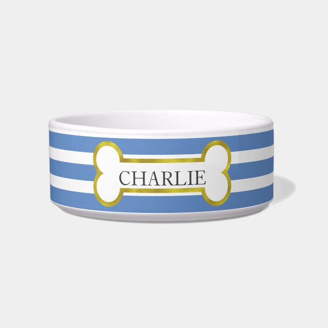 Blue Stripes met Gold Bone Personalized Pet Bowl Voerbakje (Voorkant)