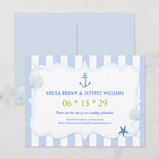 Blue Stripes Nautical Wedding Save the Date Aankondigingskaart (Voorkant / Achterkant)