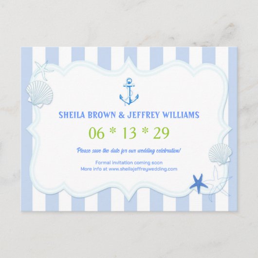 Blue Stripes Nautical Wedding Save the Date Aankondigingskaart (Voorkant)