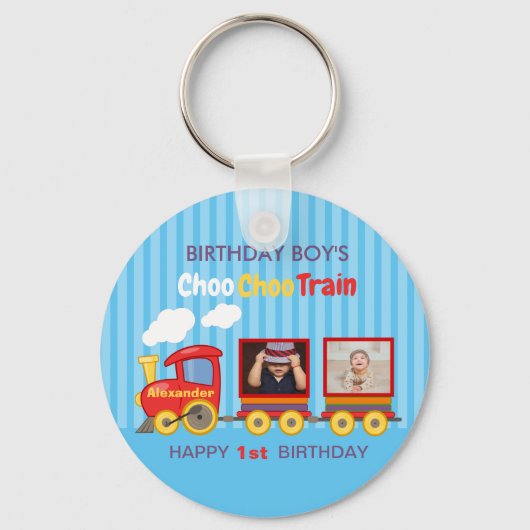 Blue Stripes Pattern Toy Train Boys Birthday Sleutelhanger (Voorkant)