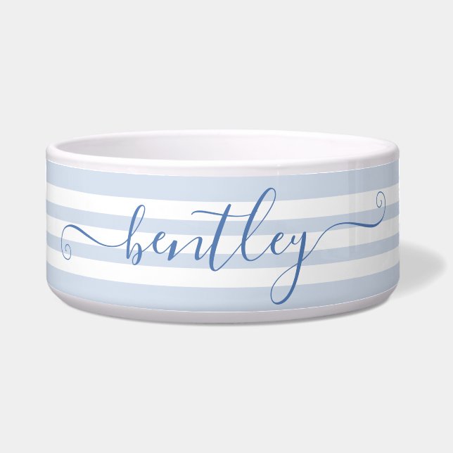 Blue Stripes Personalized Dog Water Bowl Voerbakje (Voorkant)