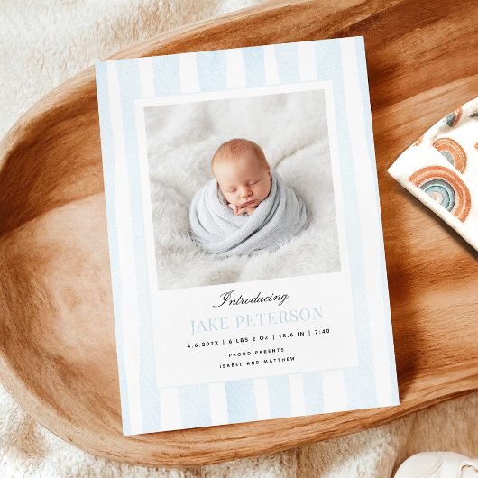 Blue Stripes Photo Birth Announcement Aankondiging