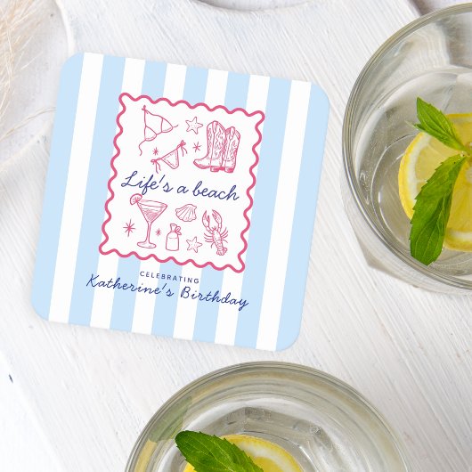 Blue Stripes Pink Summer Favorites Birthday  Kartonnen Onderzetters