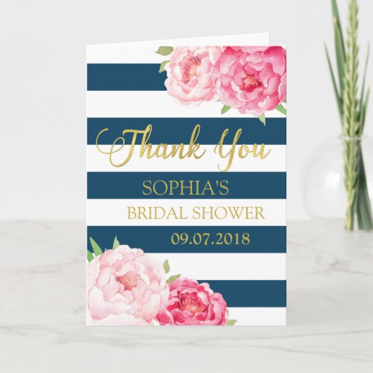 Blue Stripes Roze Bloemen Vrijgezellenfeest Dank u Bedankkaart (Voorkant)
