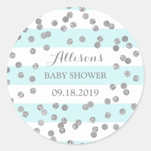 Blue Stripes Silver Confetti Baby shower Favor Ronde Sticker (Voorkant)
