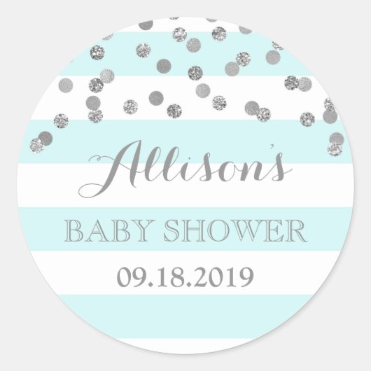 Blue Stripes Silver Confetti Baby shower Favor Ronde Sticker (Voorkant)