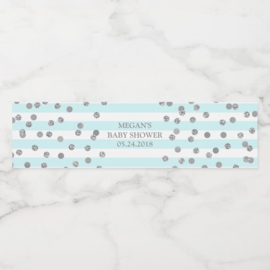 Blue Stripes Silver Confetti Baby shower Label Waterfles Etiket (Enkel label)