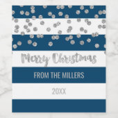 Blue Stripes Silver Confetti Merry Christmas Wine Wijn Etiket (Enkel label)