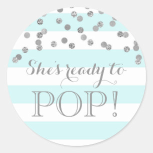 Blue Stripes Silver Confetti Ze is klaar om te Pop Ronde Sticker