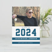 Blue Stripes Sporty Photo Graduparty Kaart (Staand voorkant)