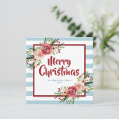 Blue Stripes Waterverf Flowers Christmas Kaart (Staand voorkant)