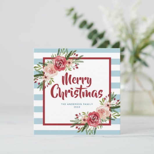 Blue Stripes Waterverf Flowers Christmas Kaart (Staand voorkant)