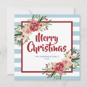 Blue Stripes Waterverf Flowers Christmas Kaart (Voorkant)