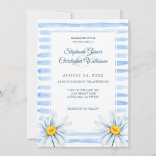 Blue Stripes Waterverf White Flowers Wedding Kaart