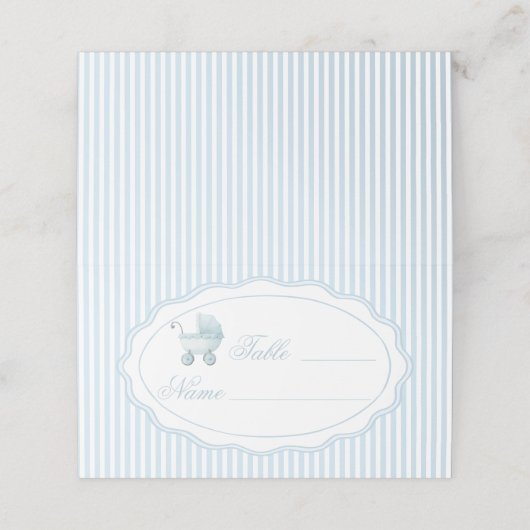 Blue Stroller Baby Boy Shower Table Numbers Plaatskaartje (Buitenkant ongevouwen)
