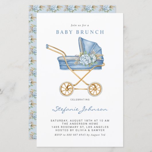 Blue  Stroller Baby Brunch Uitnodiging (Voorkant / Achterkant)