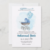 Blue stroller balloon aqiqah muslim baby boy kaart (Voorkant)