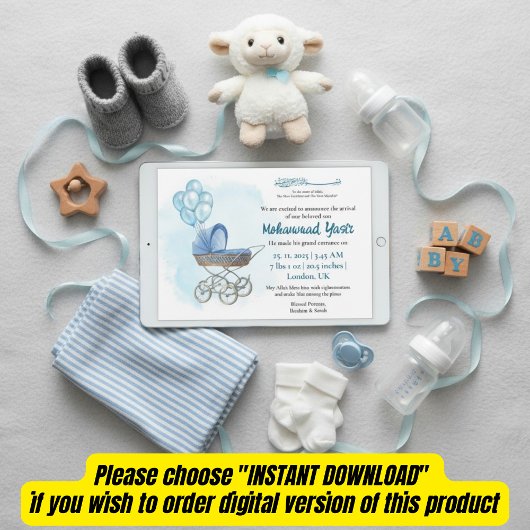 Blue stroller balloon muslim baby boy birth invita kaart