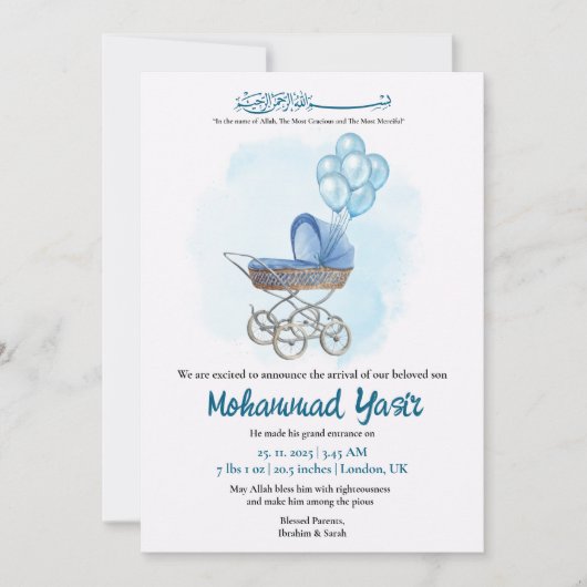 Blue stroller balloon muslim baby boy birth kaart (Voorkant)