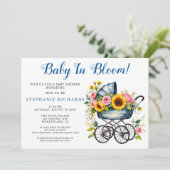Blue Stroller Floral Baby in Bloom Baby shower Kaart (Staand voorkant)