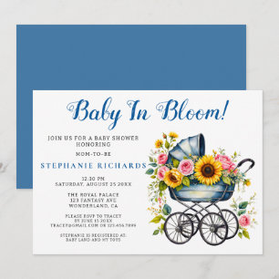 Blue Stroller Floral Baby in Bloom Baby shower Kaart